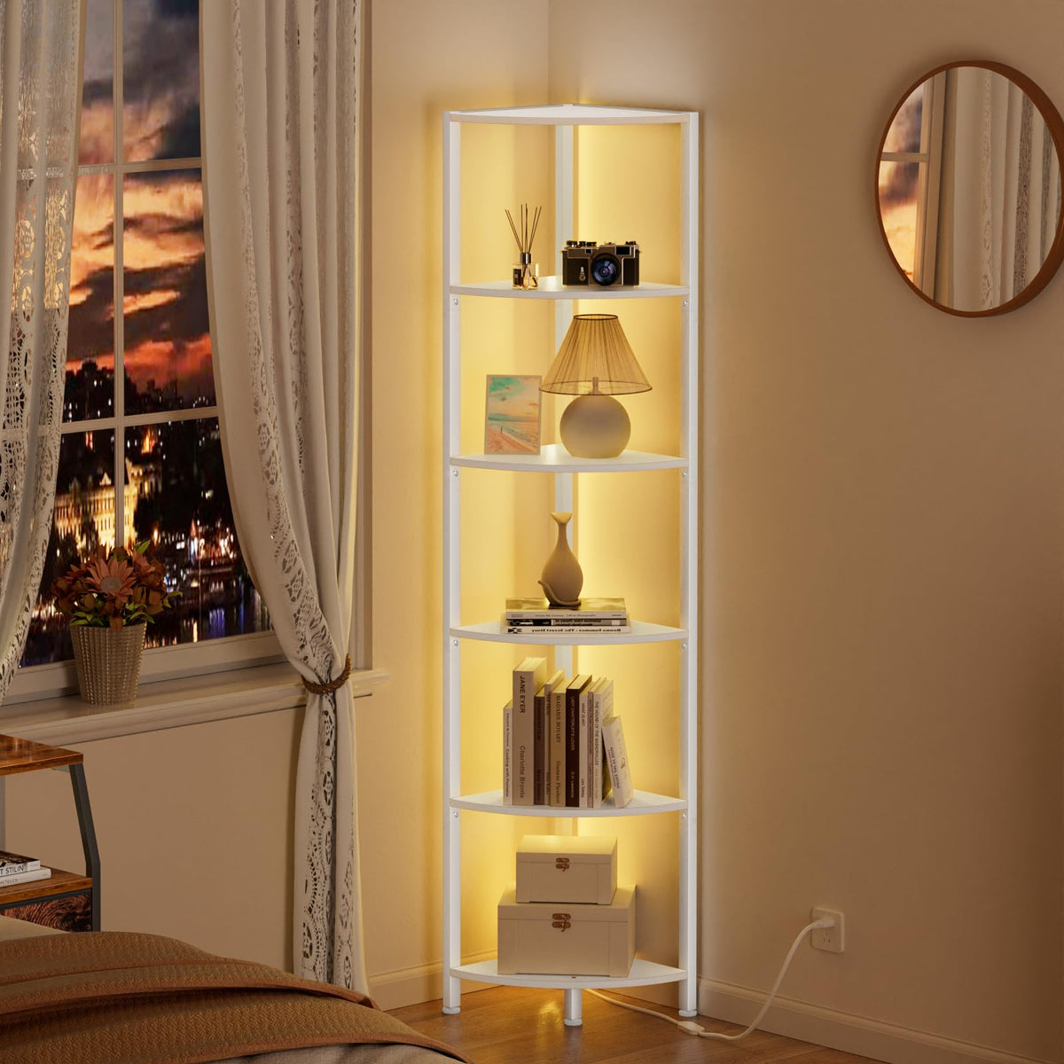 Furnulem white narrow bookshelf corner: space-saving display unit for living room.
