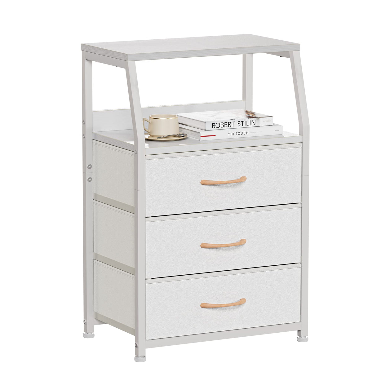 Furnulem white nightstand with 3 drawers and 2-tier shelf adds versatile storage.