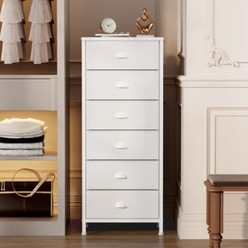 Furnulem White Tall Dresser with 6 fabric drawers keeps clothes neatly accessible.
