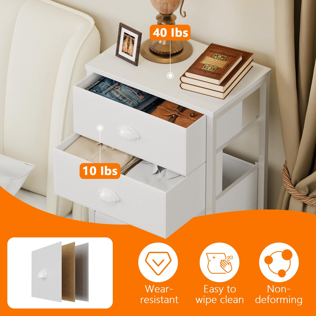 Furnulem White Tall Dresser anti-tip device enhances bedroom safety.