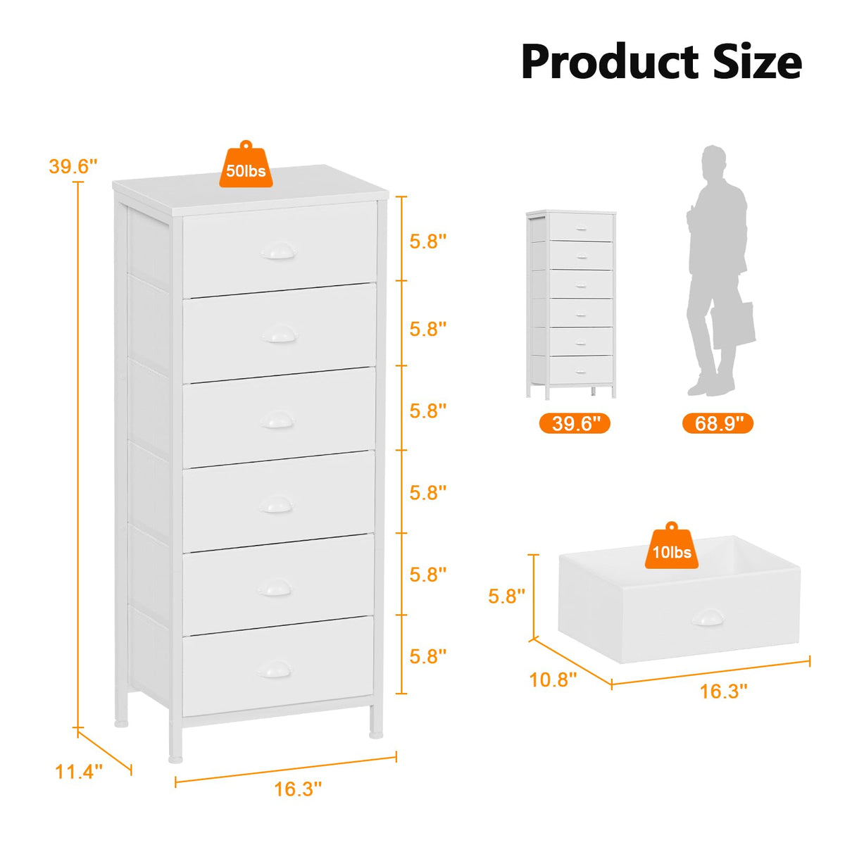 Furnulem White Tall Dresser MDF tabletop provides a sturdy surface for daily items.
