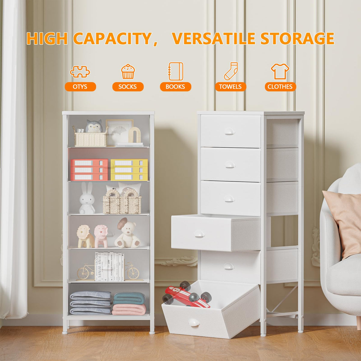 Furnulem White Tall Dresser sturdy metal frame ensures lasting support.