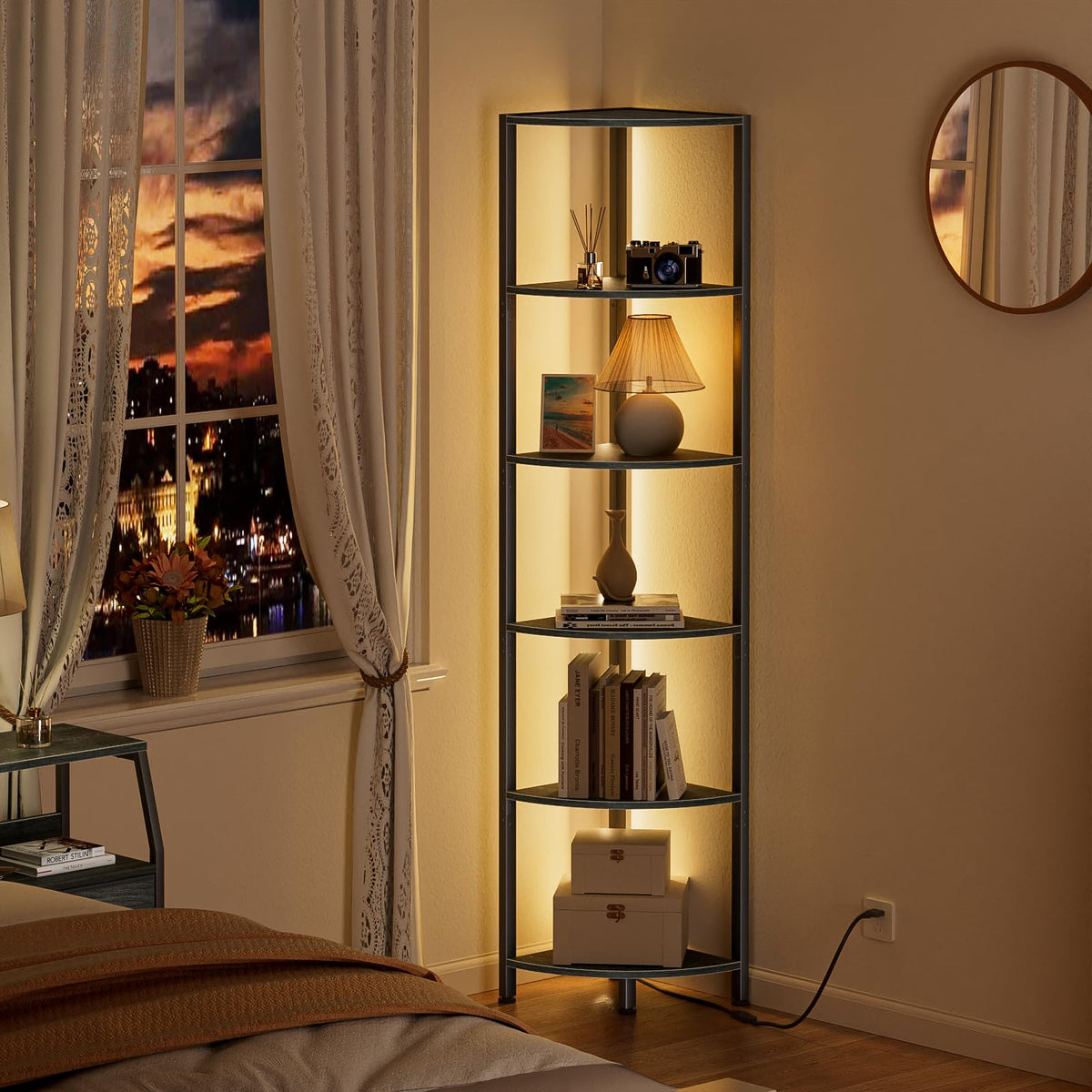 Furnulem wood-shelves corner unit displaying decor items.
