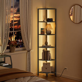 Furnulem wood-shelves corner unit displaying decor items.
