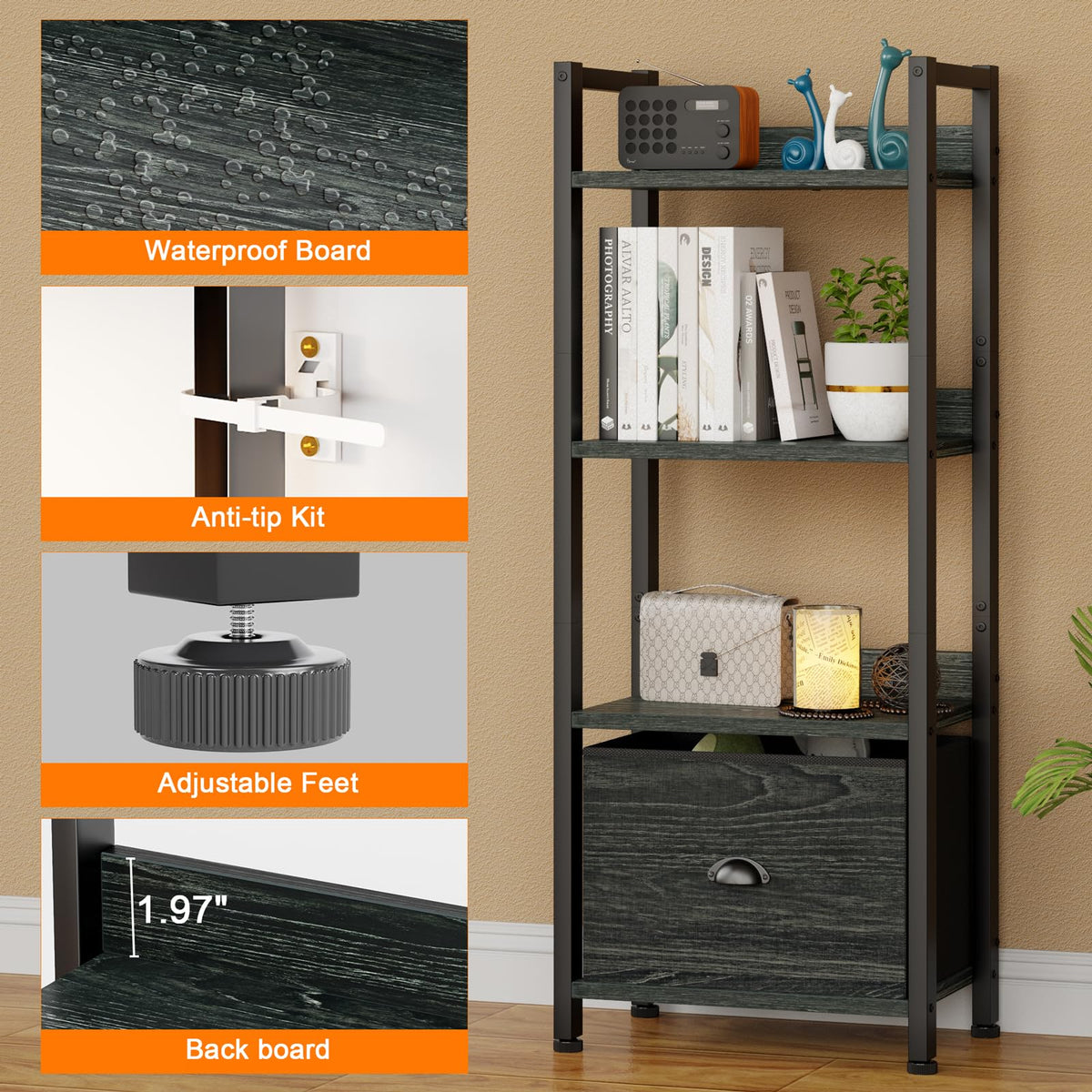 Furologee bookshelf with adjustable feet shown on an uneven floor
