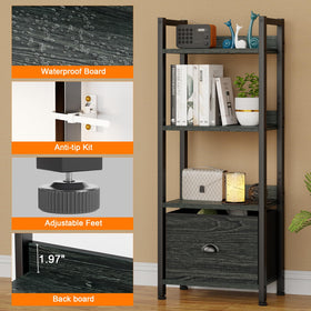 Furologee bookshelf with adjustable feet shown on an uneven floor