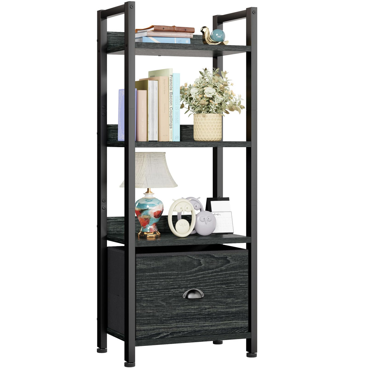 Furologee 4-tier bookshelf with drawer side view shows slim space-saving silhouette