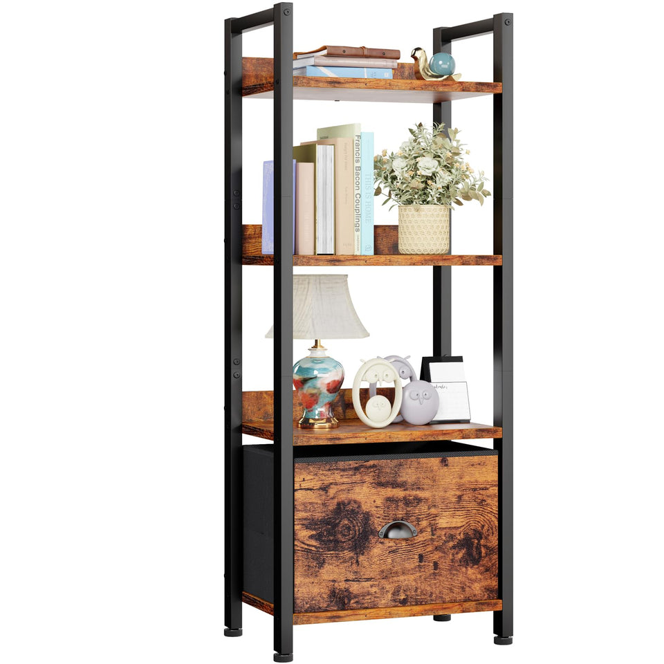 Furologee 4 Tier Bookshelf with Drawer – compact storage for books and decor