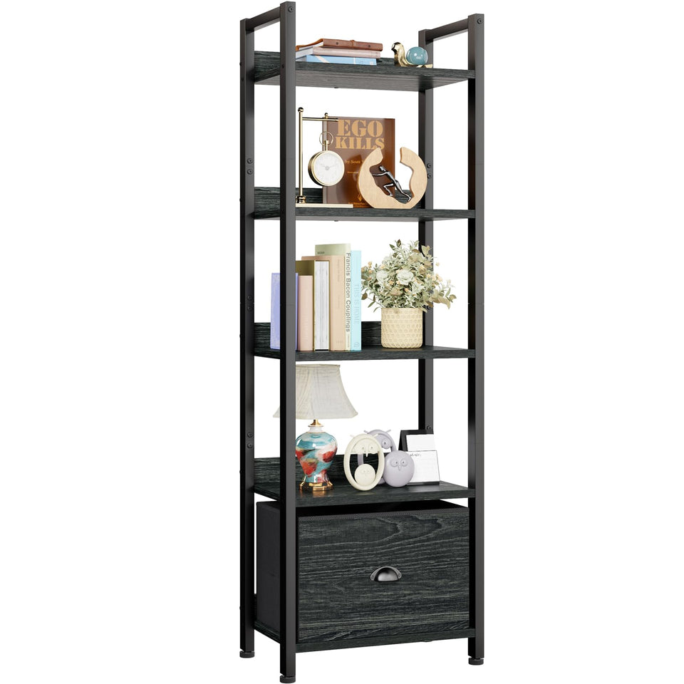 Furologee 5-tier bookshelf with drawer in black for organized living spaces.
