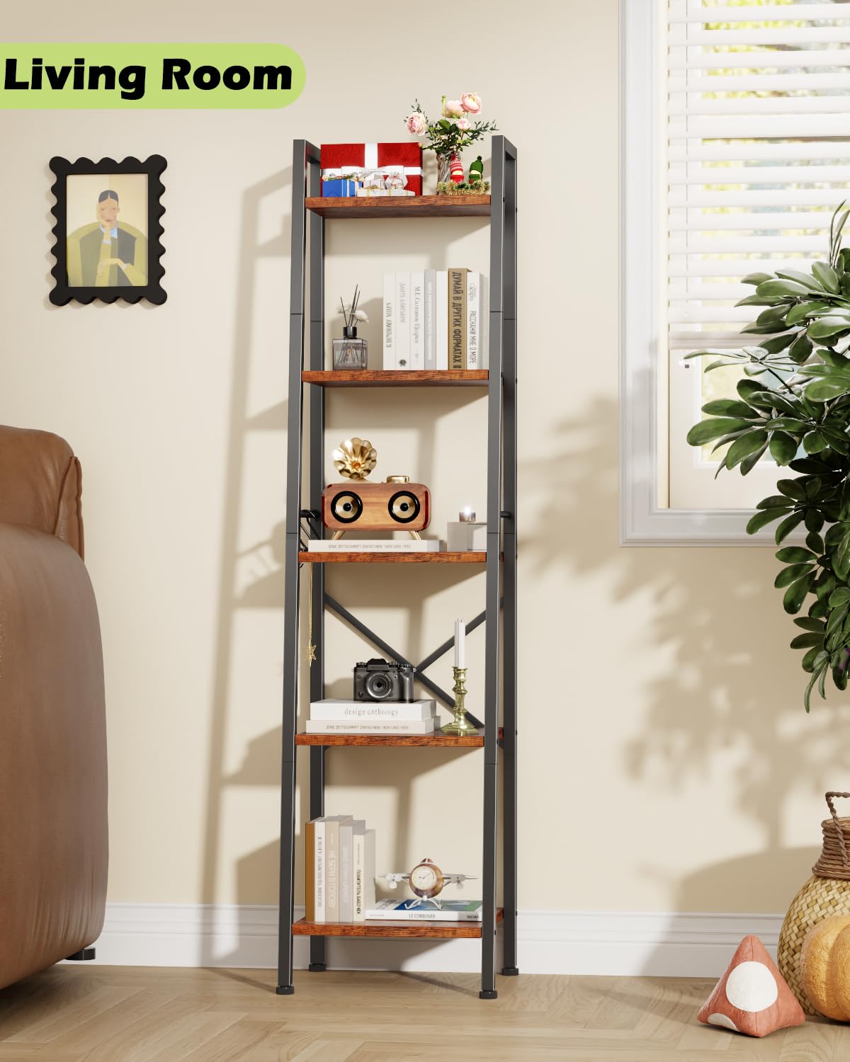 Furologee assembly view of 5-tier ladder shelf for quick setup.