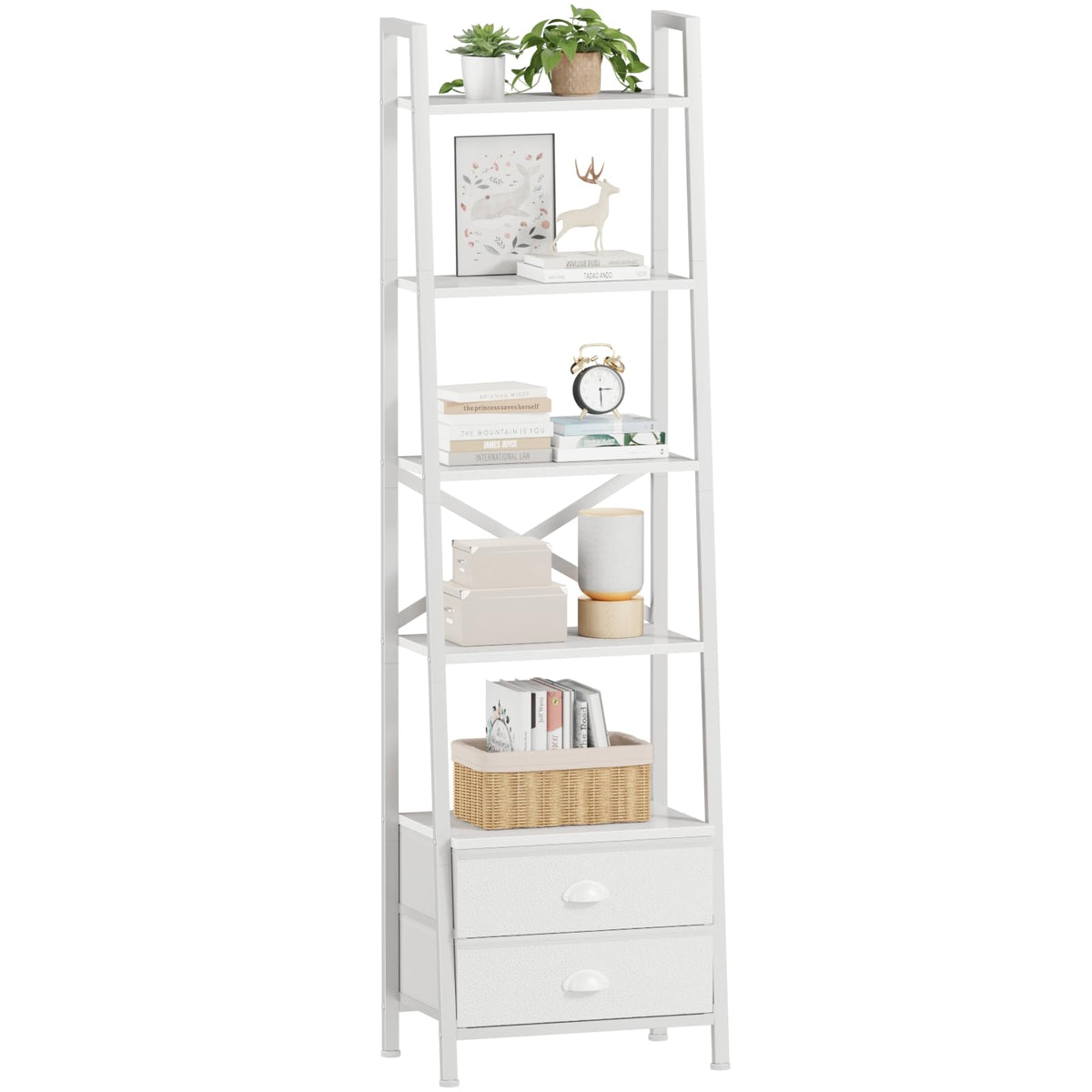 Furologee 5-tier ladder shelf assembly shows sturdy wood and metal construction for versatile storage.