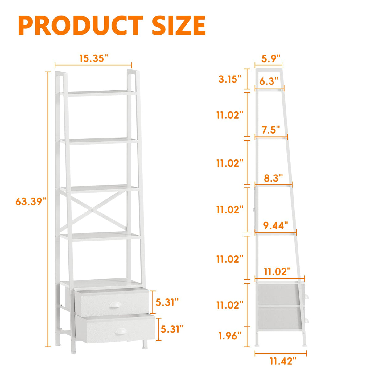 Furologee 5-tier ladder shelf drawers highlight organized storage with removable fabric drawers.