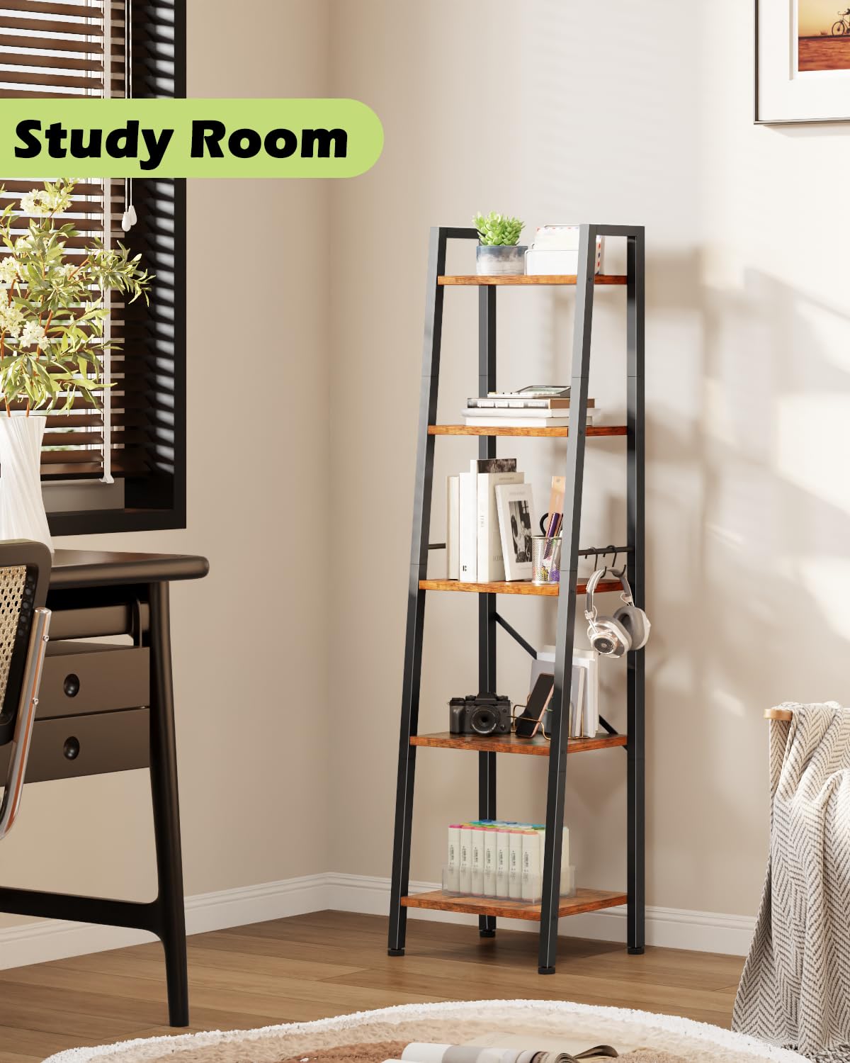 Furologee side view of slim, tall ladder shelf in a room.