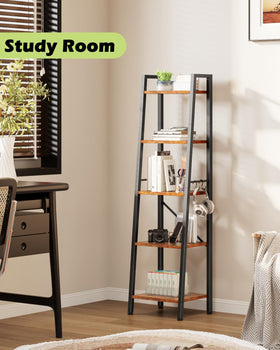Furologee side view of slim, tall ladder shelf in a room.
