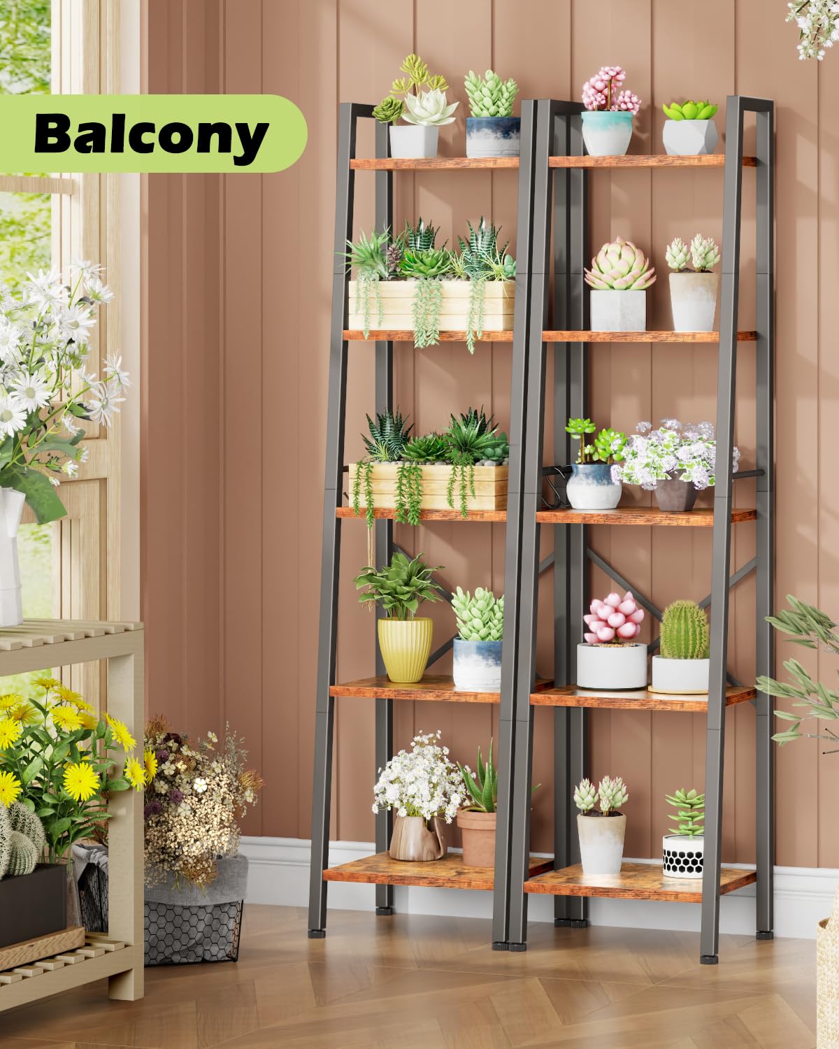 Furologee ladder shelf with wood and metal finish enhances industrial style storage.