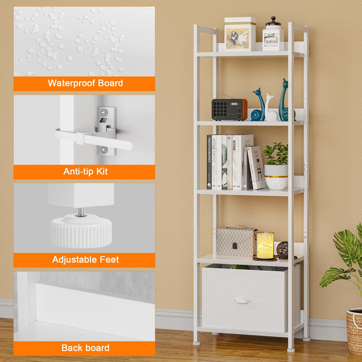 Furologee 5-tier bookshelf drawer open reveals soft fabric storage