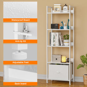 Furologee 5-tier bookshelf drawer open reveals soft fabric storage