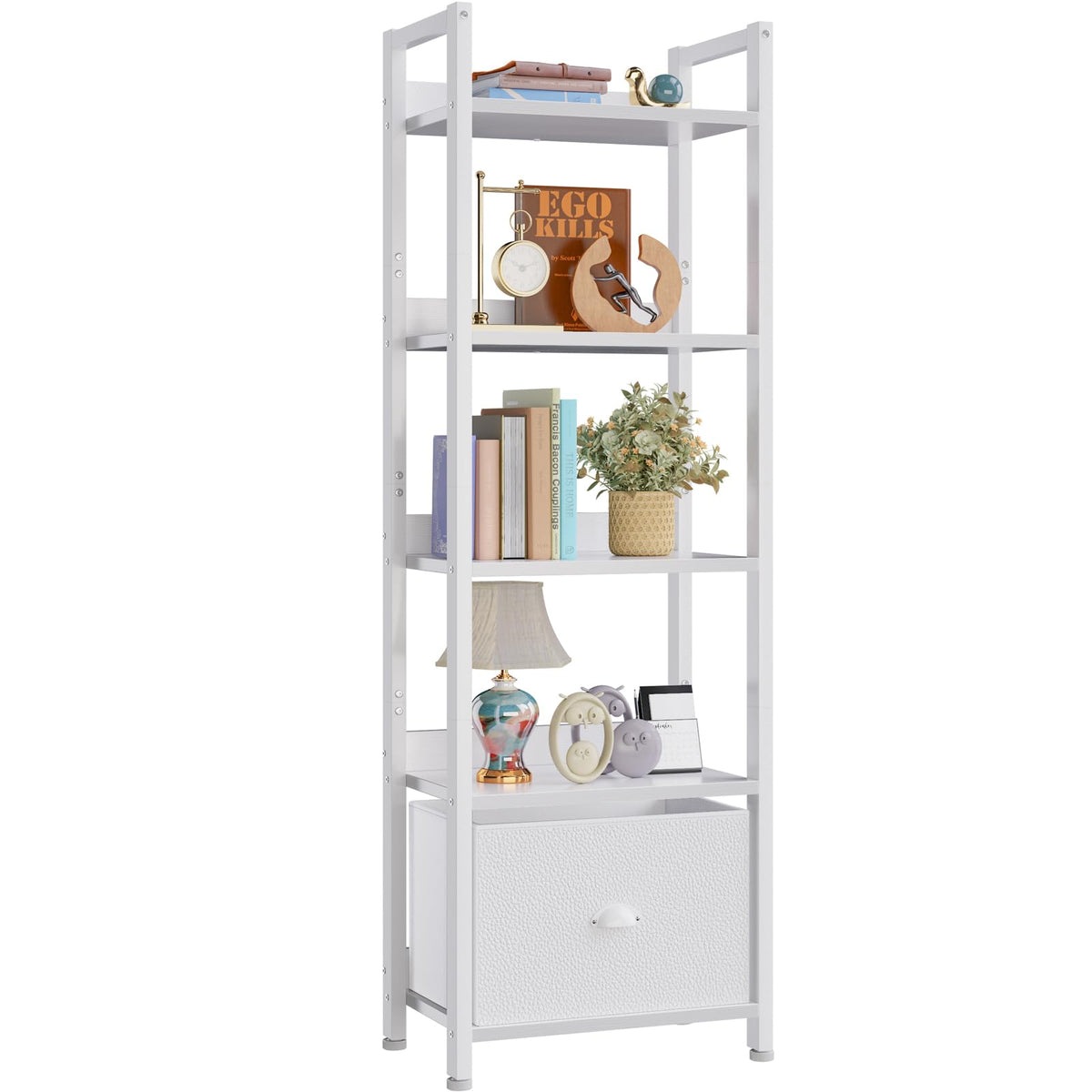Furologee 5-tier bookshelf with drawer front view for space-saving storage