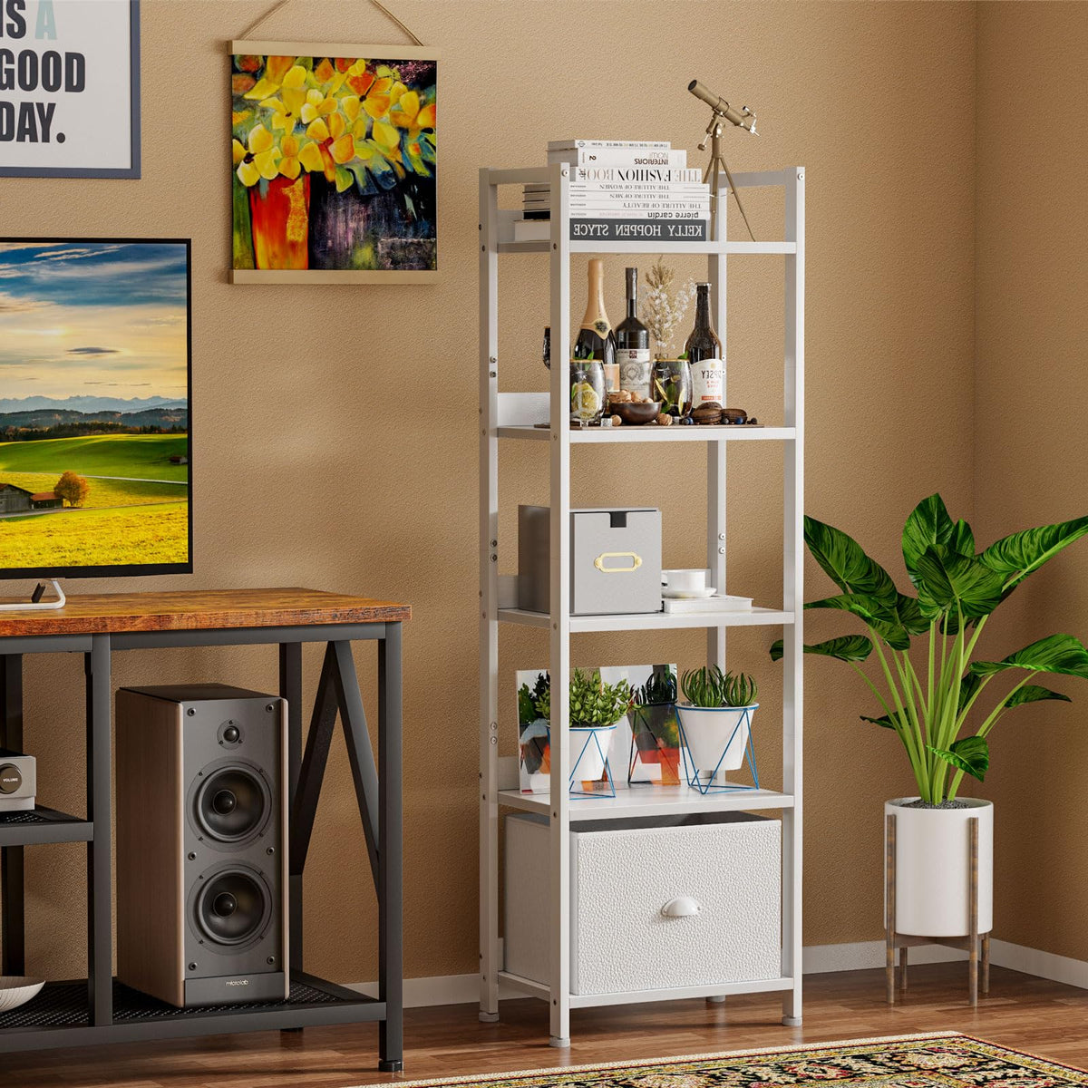 Furologee living room setup shows decorative books and plants