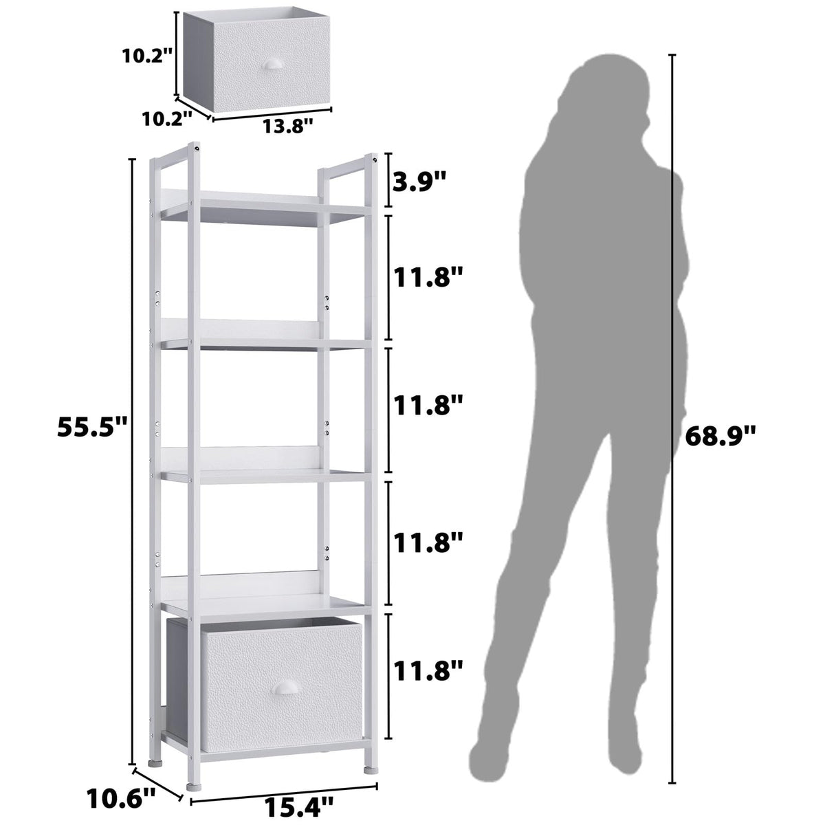 Furologee 5-tier bookshelf drawer side profile showing slim footprint