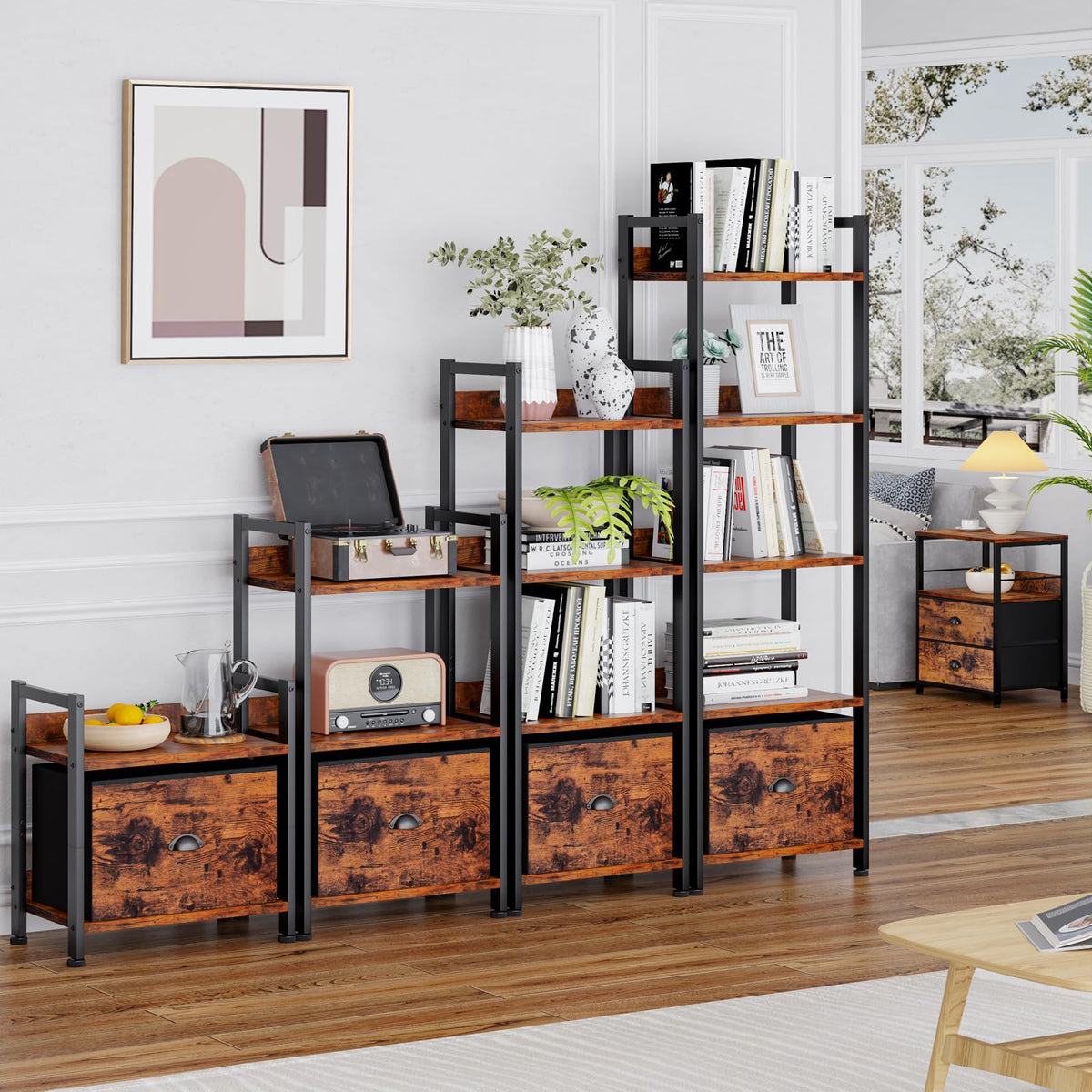 Furologee 5-tier shelf with drawer closed showcases concealed storage options.