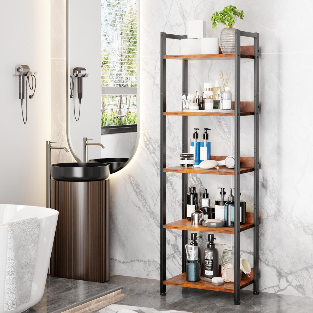 Furologee shelf in living room demonstrates a stylish storage solution.