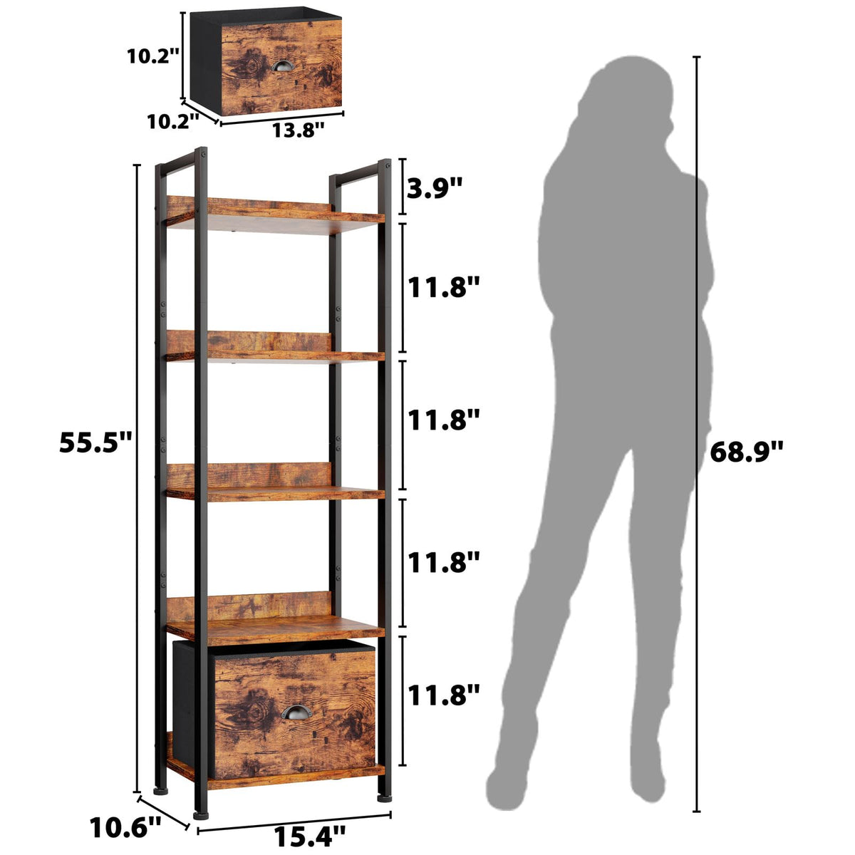 Furologee 5-tier shelf side view shows tall, stable storage footprint.