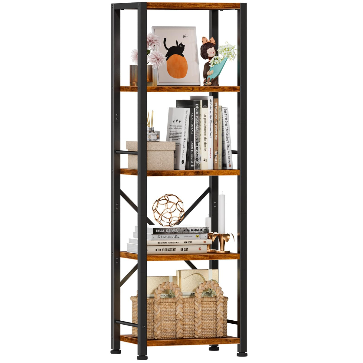 Furologee 5-tier tall bookshelf assembled for compact storage and easy access