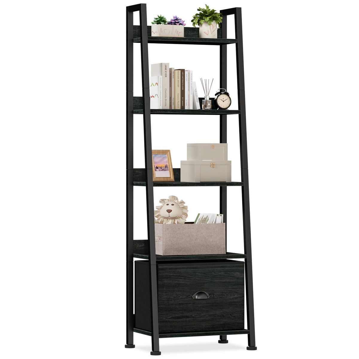 Furologee 5-Tier Ladder Shelf in black oak with front view showing tall storage