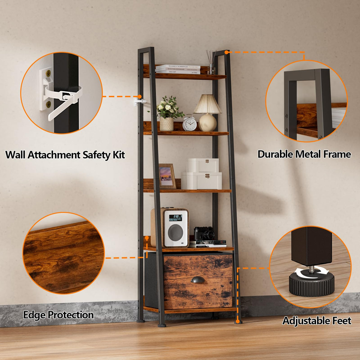 Furologee bookcase setup with wider lower shelves for books.