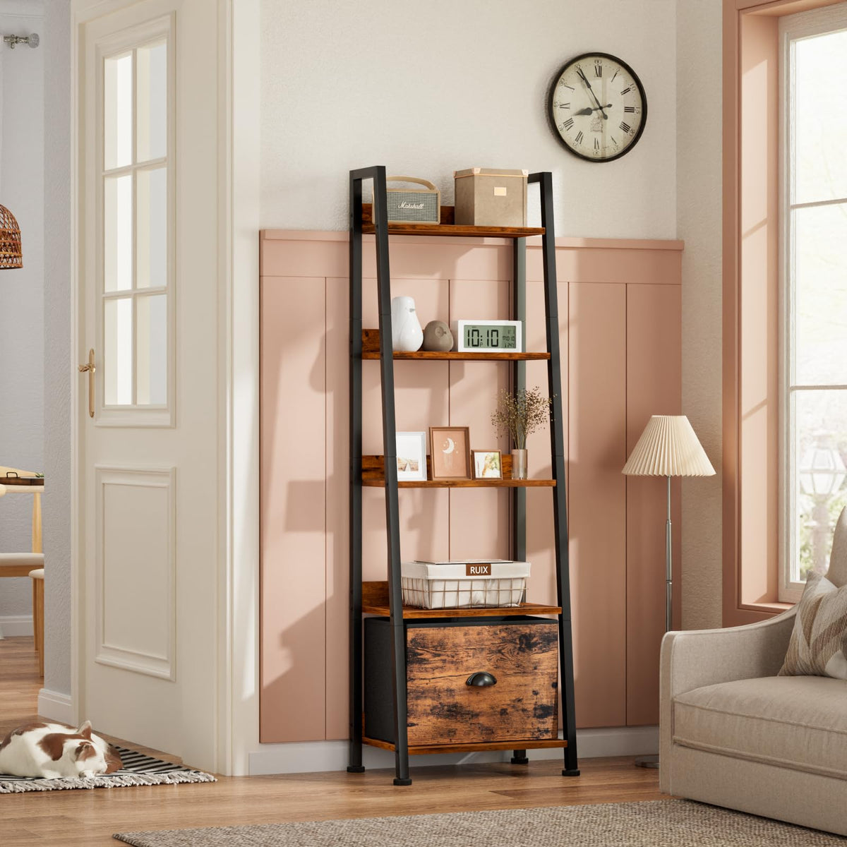 Furologee removable fabric drawer on ladder shelf keeps items neatly tucked.