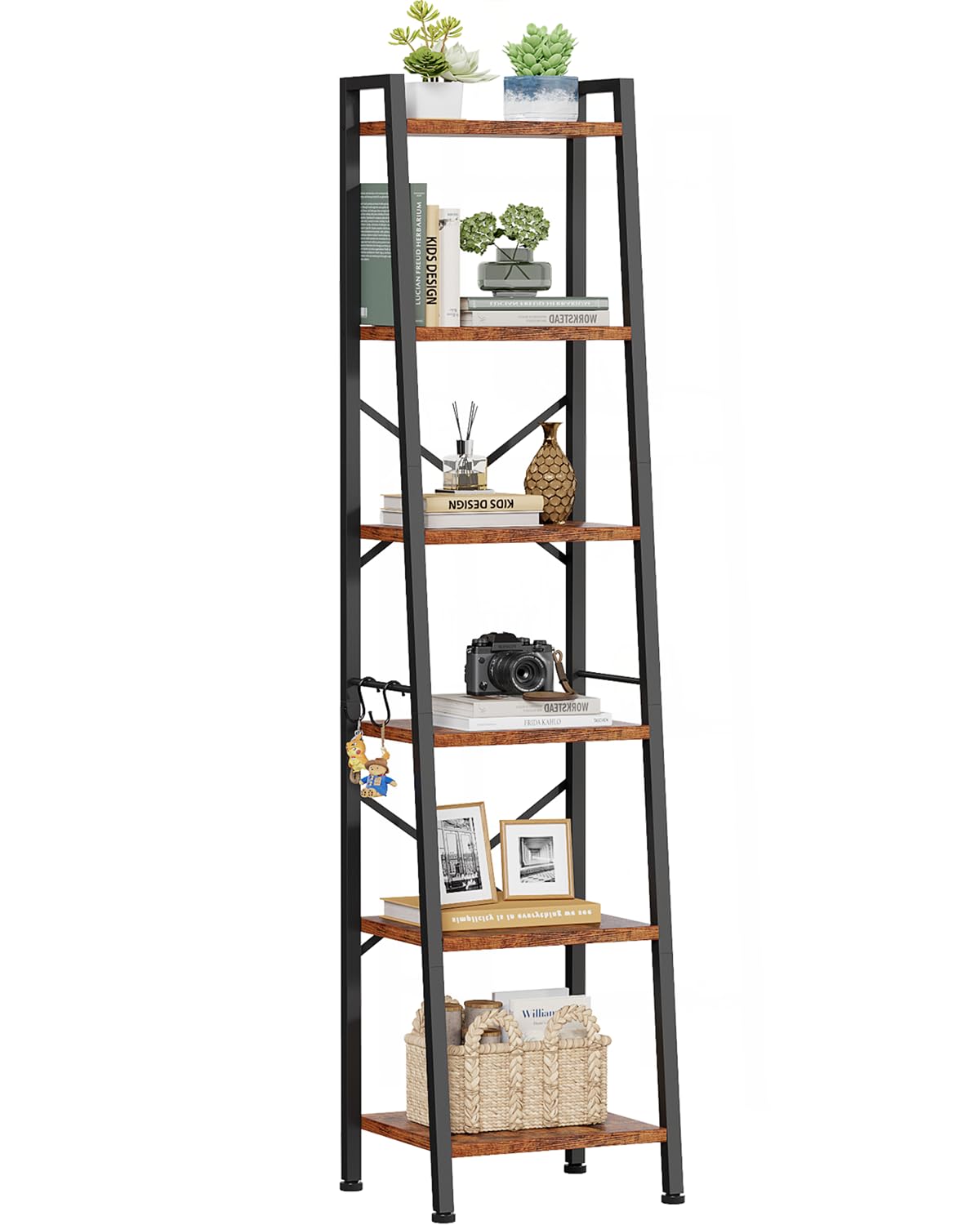 Furologee 6-tier ladder shelf bookcase in rustic brown offers vertical storage for small spaces.