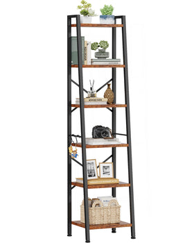 Furologee 6-tier ladder shelf bookcase in rustic brown offers vertical storage for small spaces.