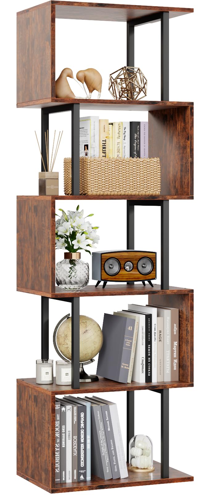 Furologee 6-tier S-shaped bookshelf front view with spacious display and storage space