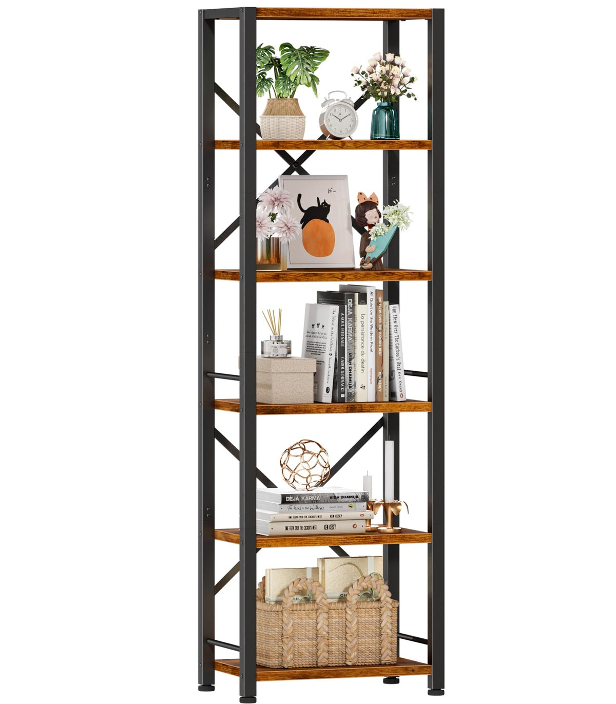 Furologee 6-Tier Tall Bookshelf front view shows sturdy metal frame and rustic shelves for organized display