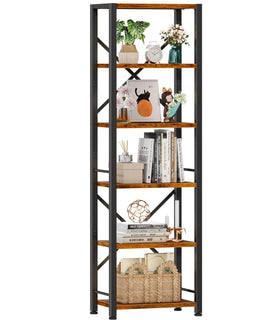 Furologee 6-Tier Tall Bookshelf front view shows sturdy metal frame and rustic shelves for organized display