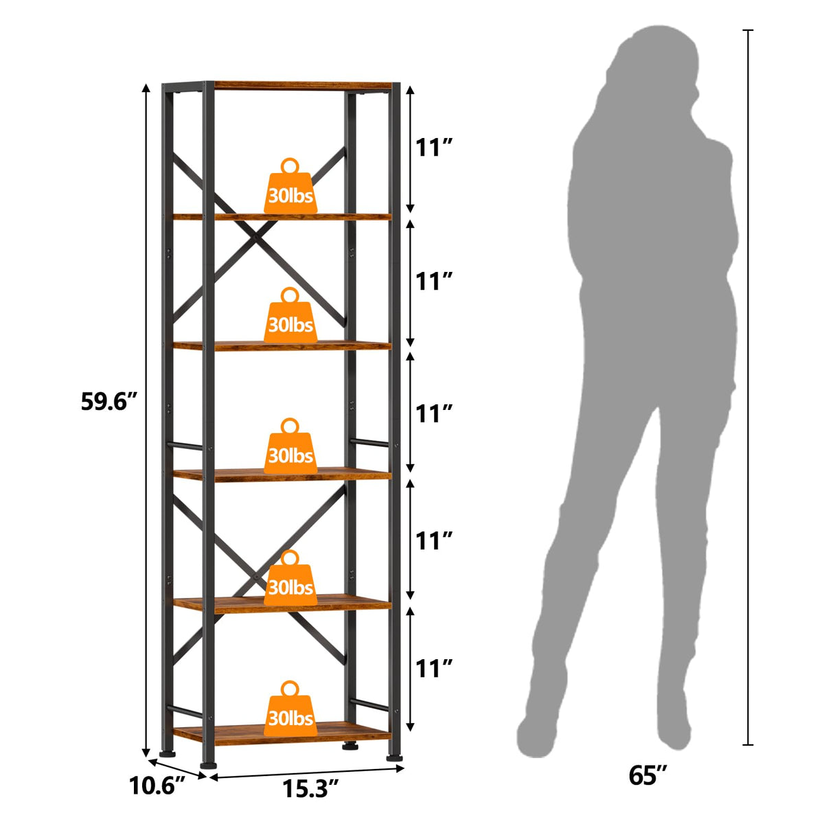 Furologee 6-Tier Tall Bookshelf side view highlights slim footprint for narrow spaces