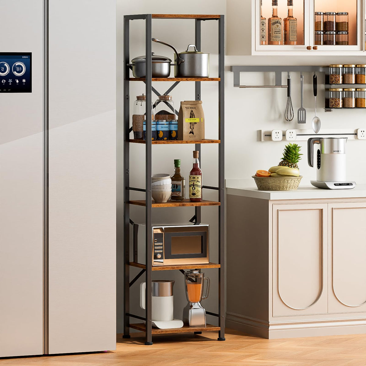 Furologee 6-Tier Tall Bookshelf close-up of wood and metal texture and durable finish