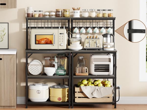 Furologee bakers rack black oak finish adds a modern touch to kitchens.