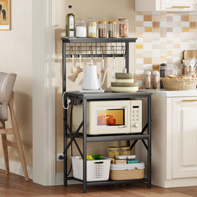 Furologee bakers rack with switchable outlet supports microwave use without cord clutter.