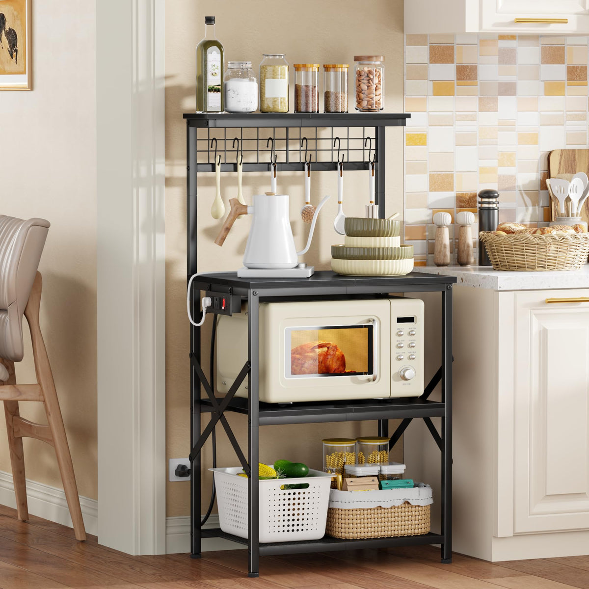 Furologee bakers rack with switchable outlet showing left or right side mounting