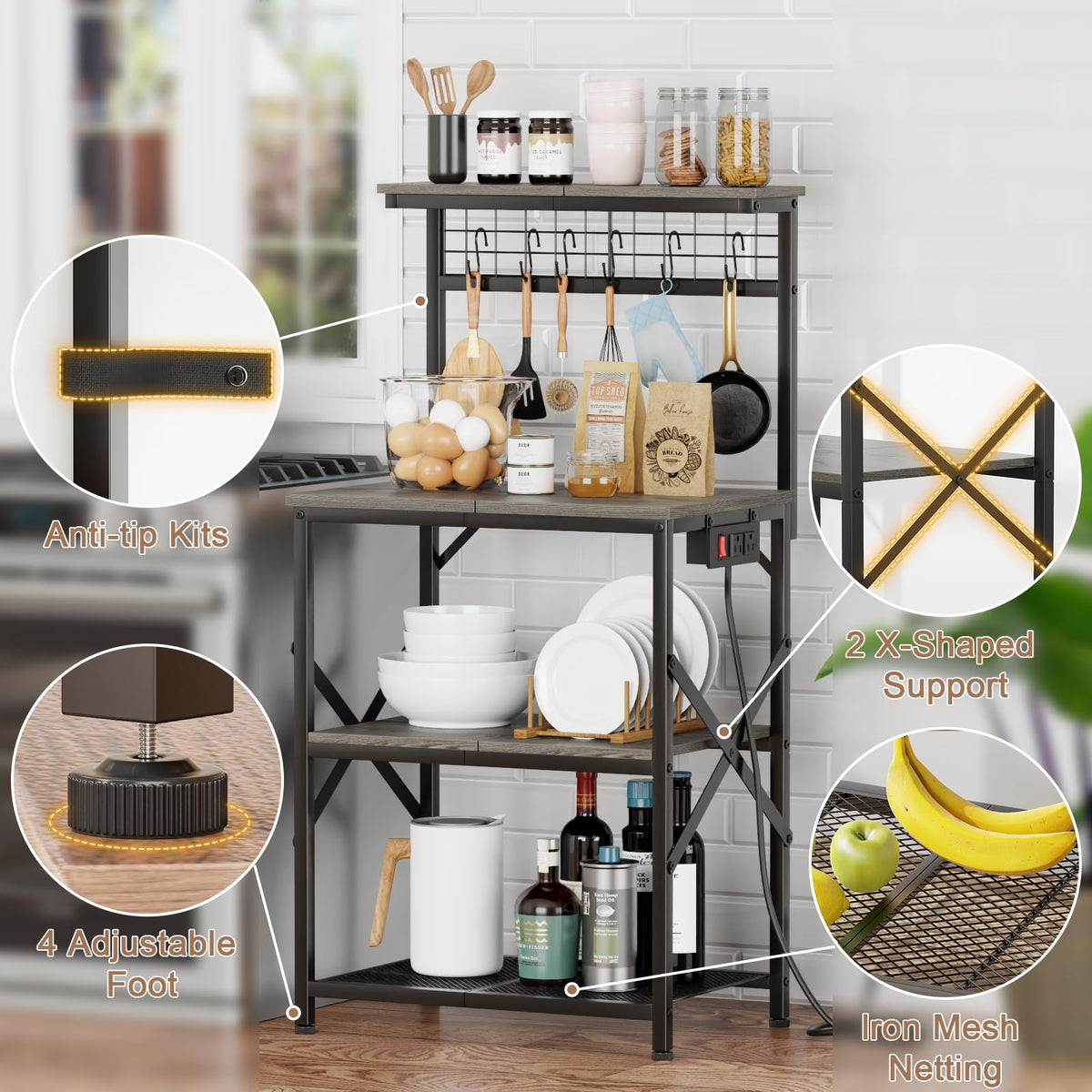Furologee bakers rack with X-braces minimizes wobble for stable full-load prep.