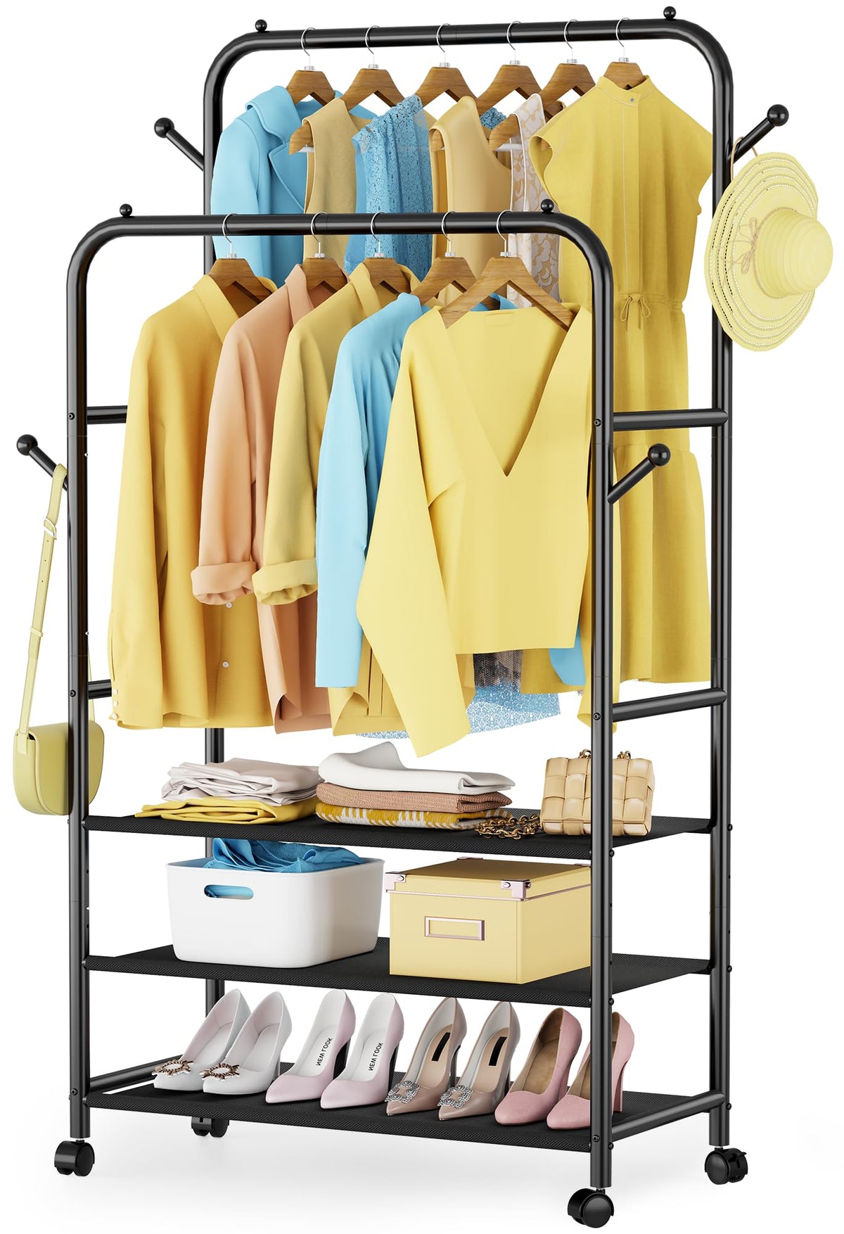 Furologee clothes rack with double rods for organized wardrobe storage.