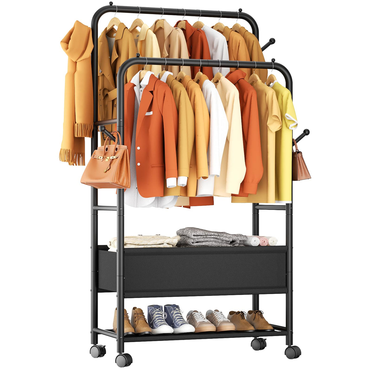 Furologee clothing rack with double rods for organized garment storage.