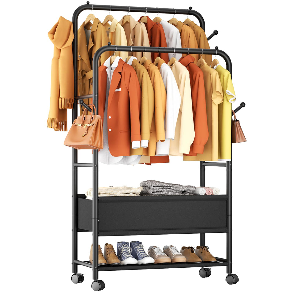 Furologee clothing rack with double rods for organized garment storage.