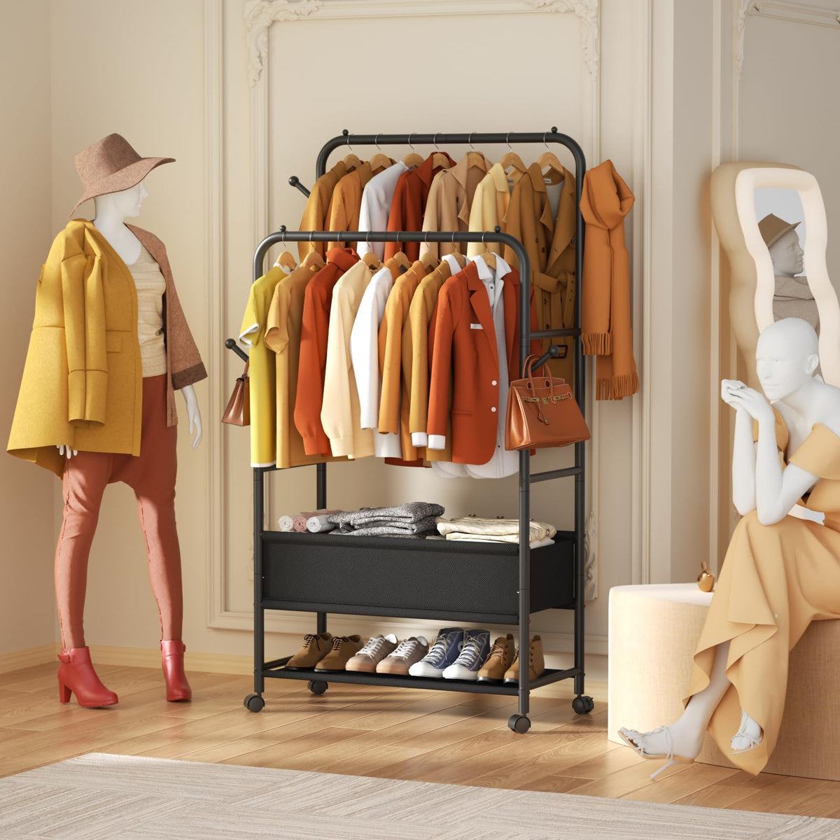 Furologee rack with lockable wheels for stable positioning when needed.