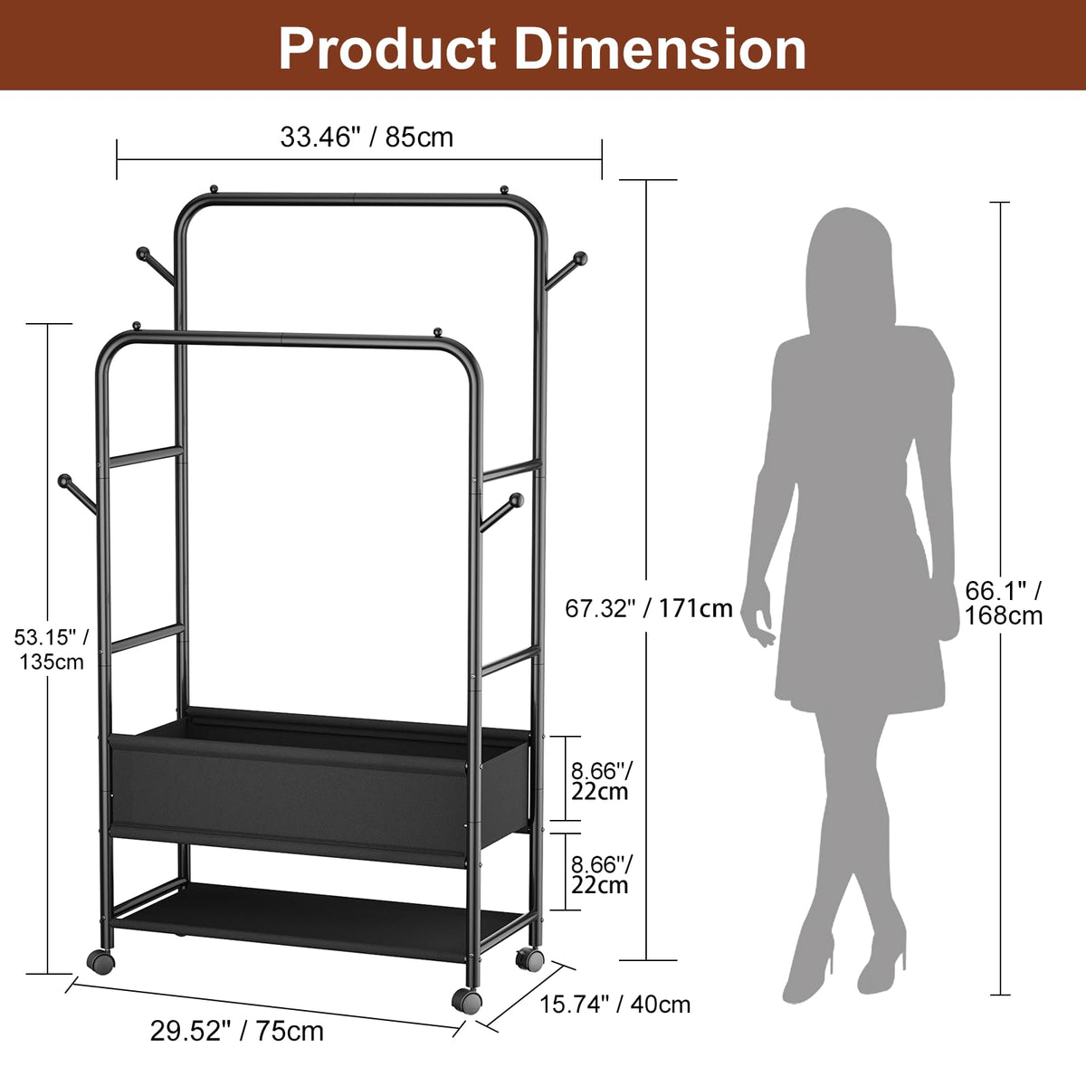 Furologee rolling garment rack with wheels for easy room to room mobility.