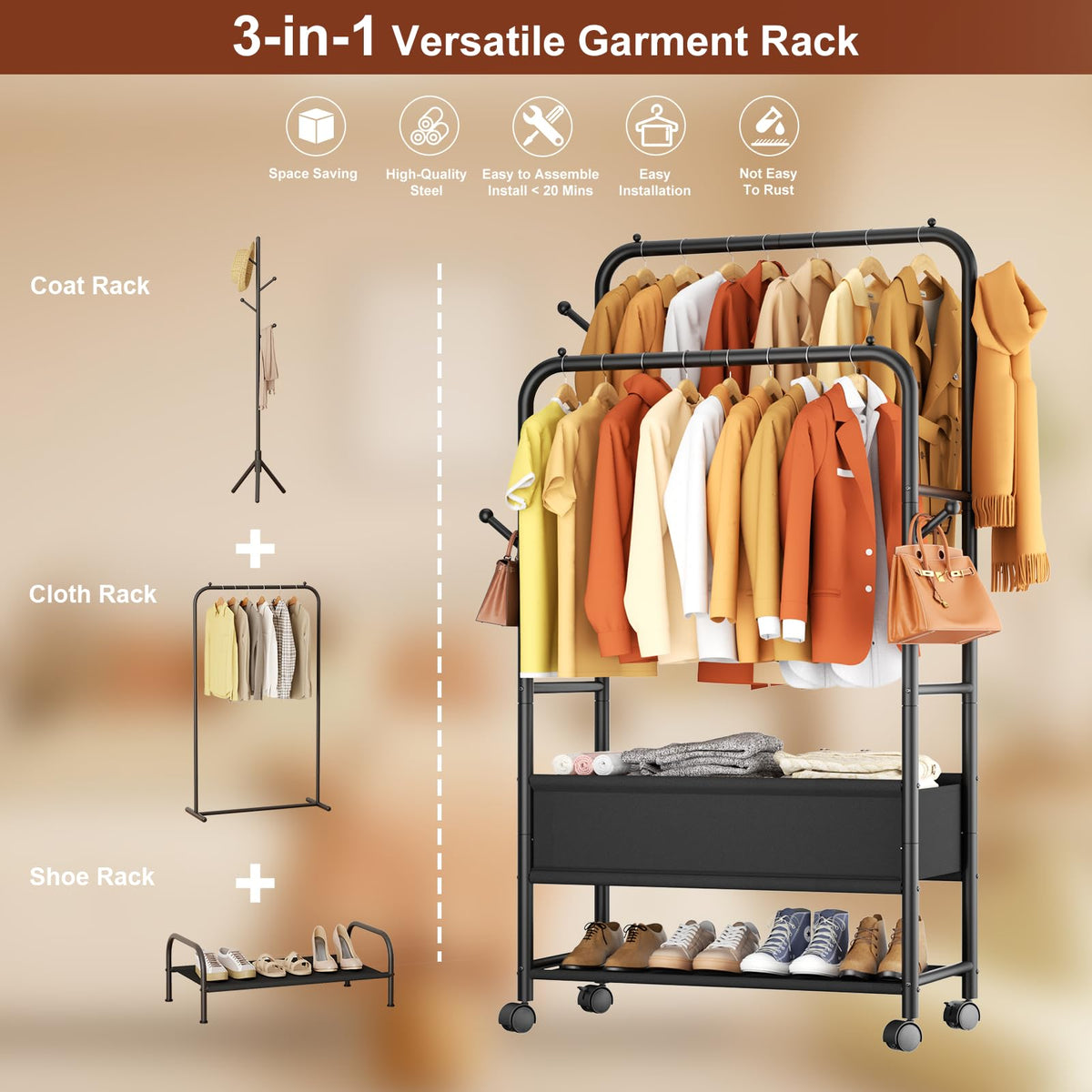 Furologee rack with side hooks for bags and accessories.