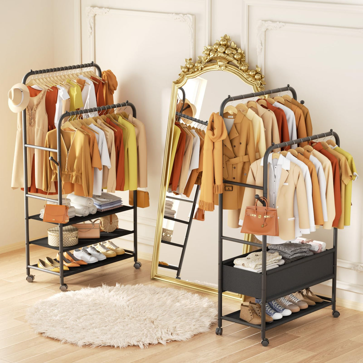 Furologee 3 in 1 rack blends coat, shoe and cloth storage in one unit.
