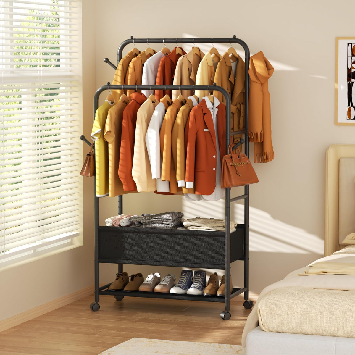 Furologee wardrobe rack with underneath storage bag for flexible organization.